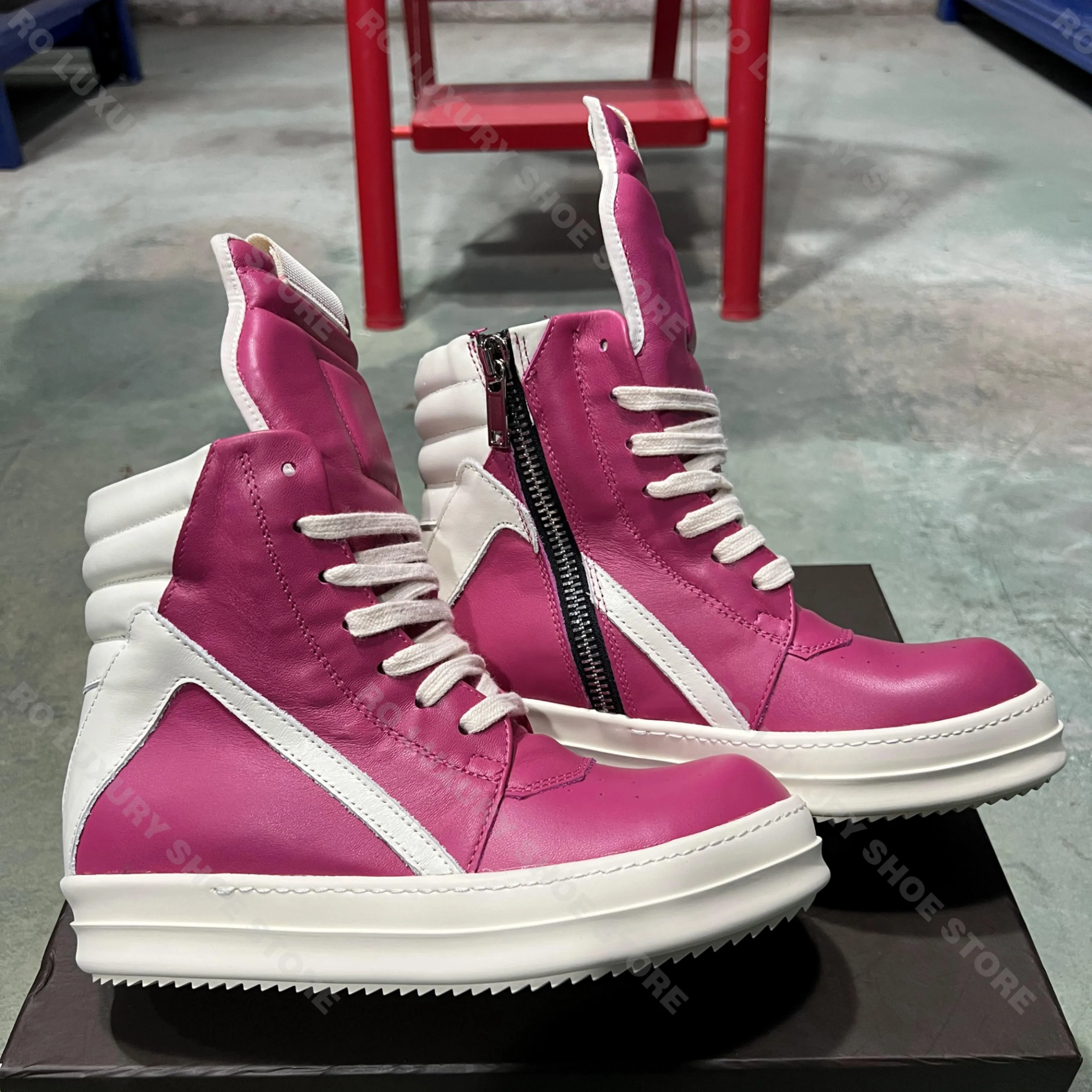 

Brand Casual Men Shoe High Top Women Sneaker Pink Geobasket Leather Zipper Luxury Shoe New Trend Thick-sole Flat Ankle Boot