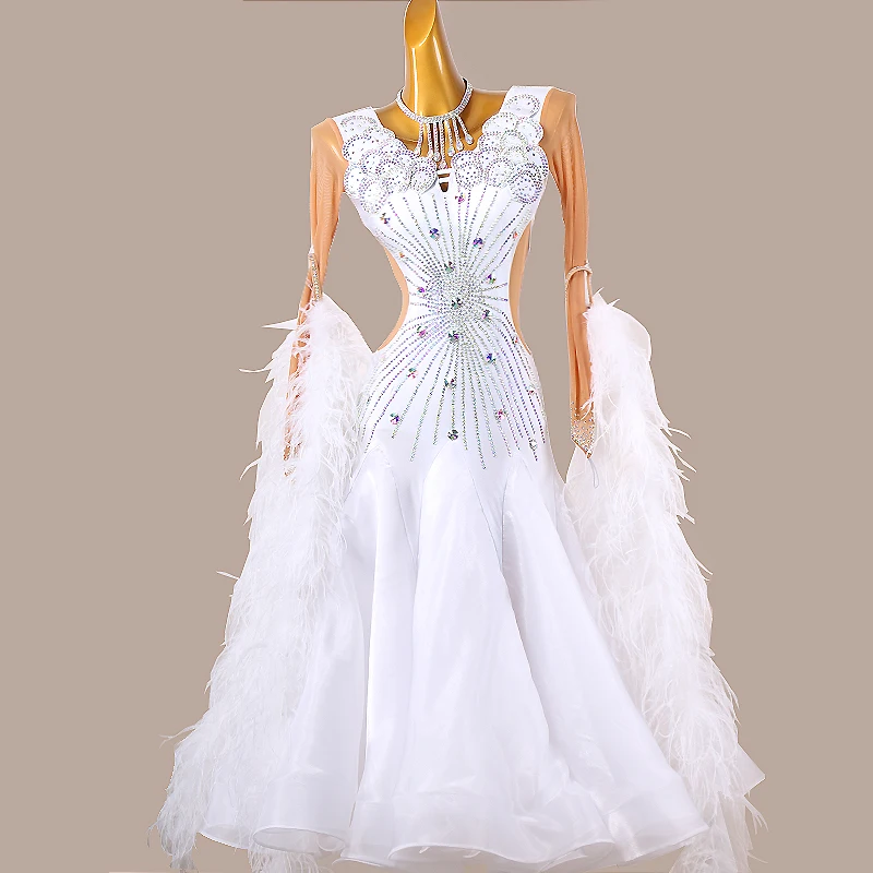 New Ballroom Dance Dress Women Competition Waltz Dance Dress Modern Dance Match Dress Ostrich Hair Dance Skirt