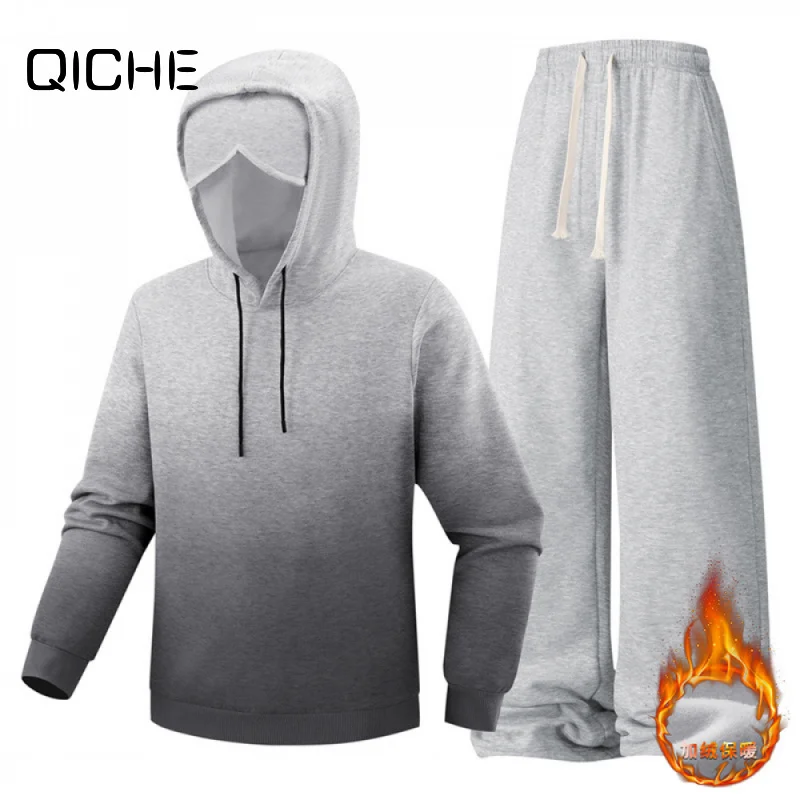 QICHE 2026 Men Gradient Color Sports Casual Set, Autumn Winter Fleece Lined Thick Composite Fabric Versatile Long Sleeve Outfit
