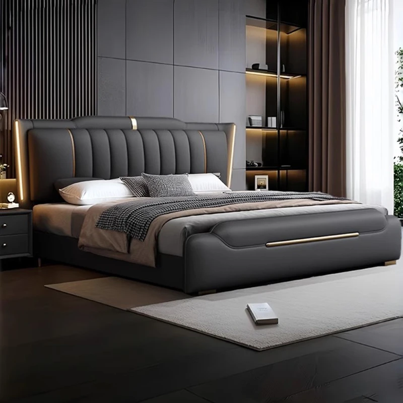 

Heavy Design Base Double Bed Black Leather Rustic Modern Storage Double Bed Luxury Mattress Cama Dobravel Bedroom Furniture Set