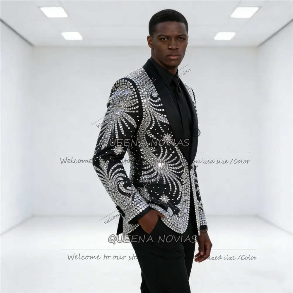 Costumes de mariage pour hommes en cristal de strass exquis, smoking ajusté, Ropa hombre, ensembles de 2 pièces, blazers pour marié perlés, sur mesure