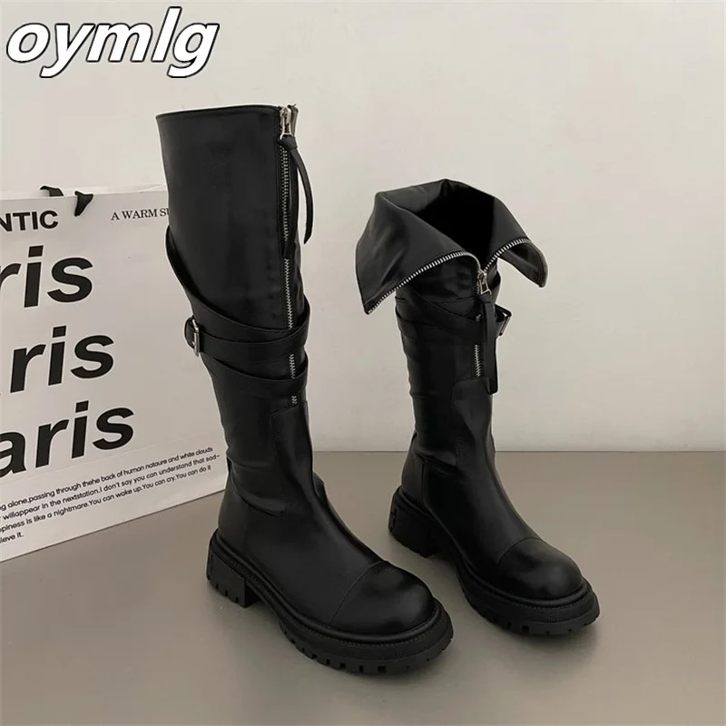 2023 Autumn New Knee Length Boots Women's Belt Buckle Thick Sole Motorcycle Rider Boots High Sleeve Fashion Boots