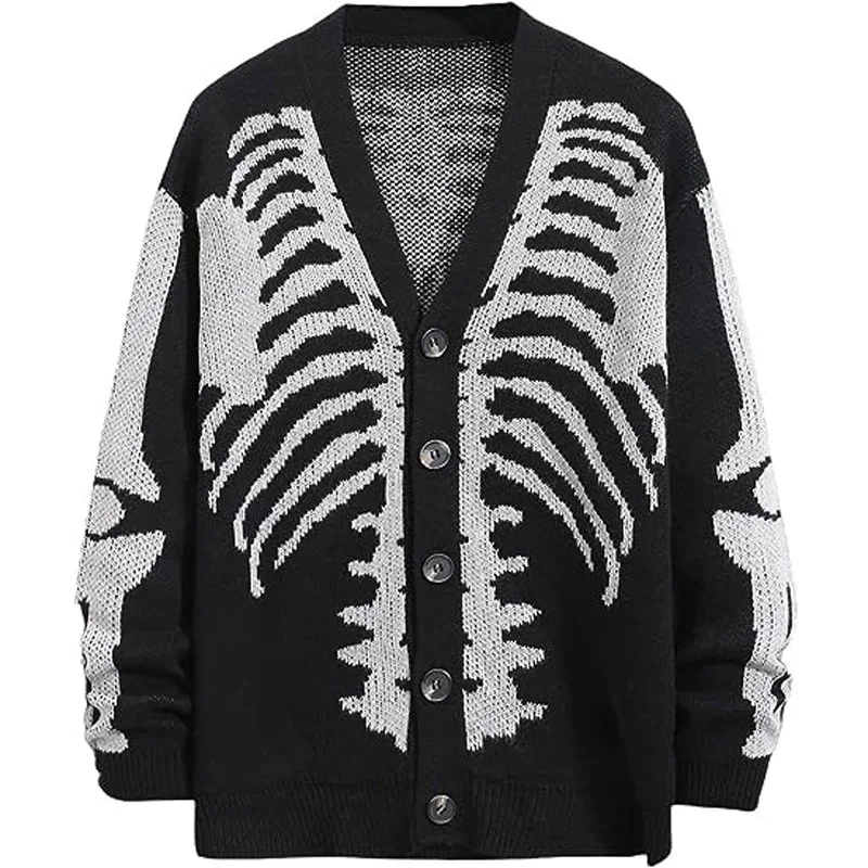 Elegant Vintage Skull Long Sleeve V Neck Button Loose Punk Knitwear Halloween Costume Women Gothic Knitted Sweater Cardigan Top