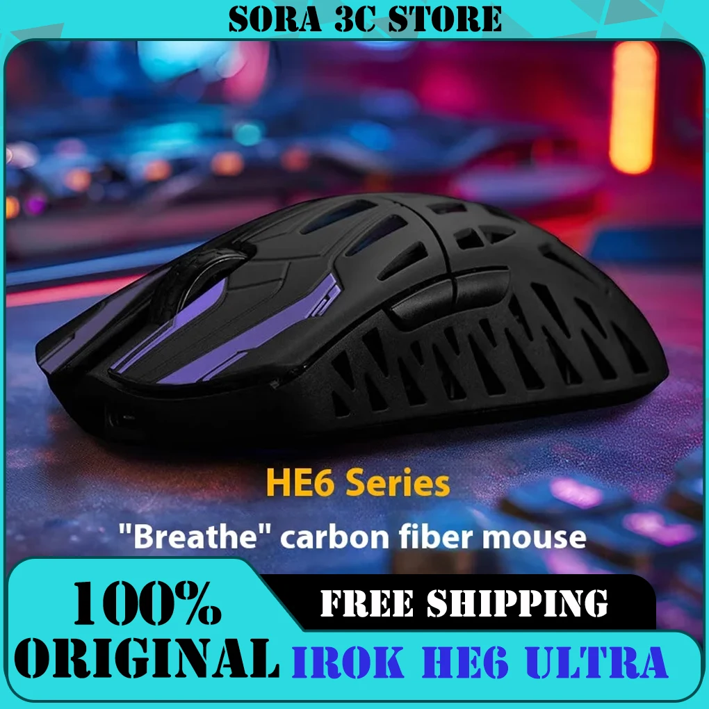 IROK HE6 Ultra Gaming Mouse Carbon Fiber Tri Mode 2.4G/Bluetooth/Wired Dual 8K Polling PAW3950 30K Lightweight FPS Esports Mouse