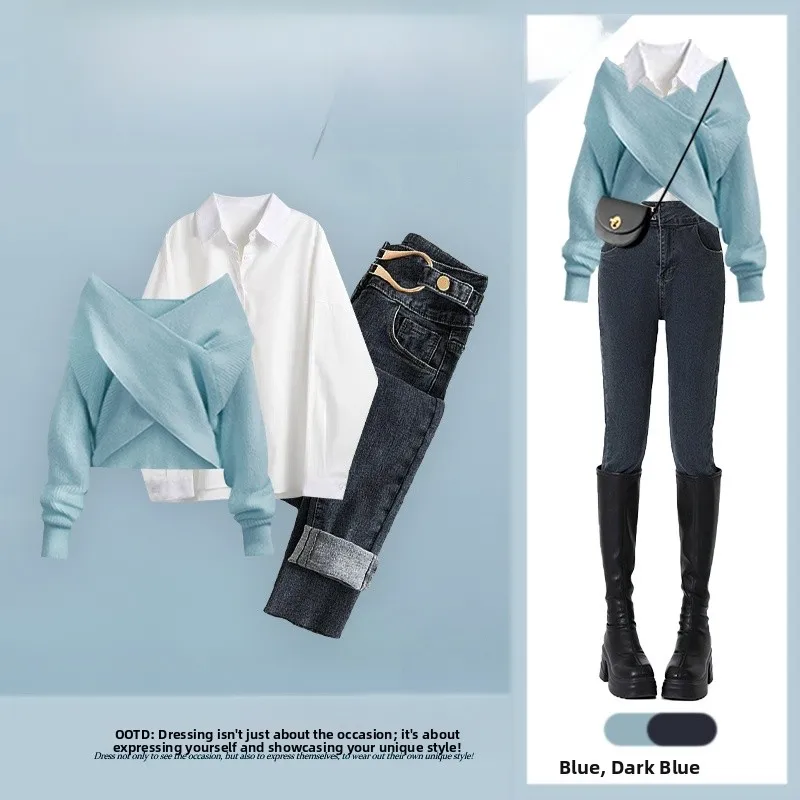 

Осенний модный комплект из трех предметов: свитер с асимметричным дизайном, винтажные джинсы и нижнее белье для женщин больших размеров.