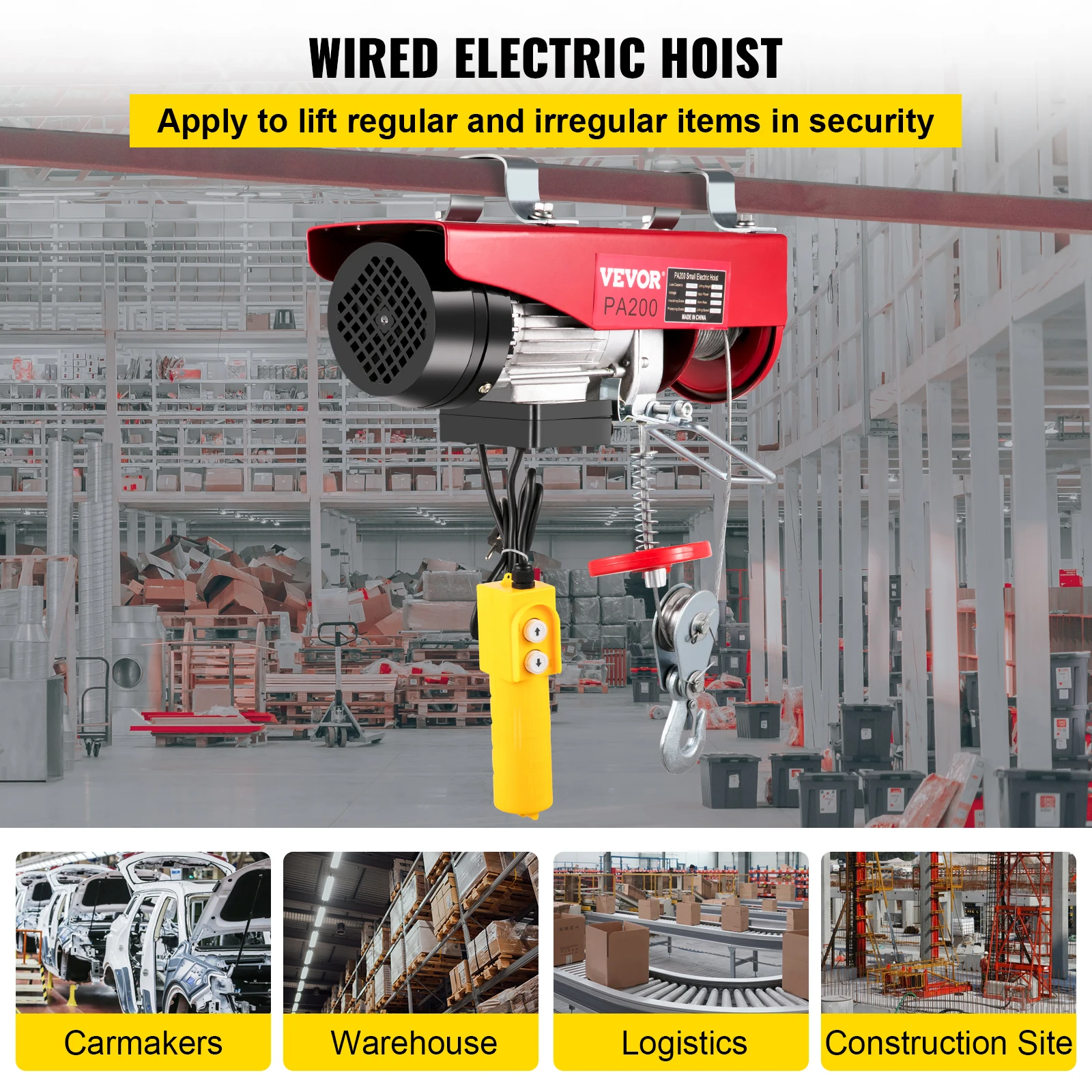 HODOY Paranco Elettrico 220V, Montacarichi da balcone con Cavo 12m, 440lbs Verricello Elettrico Rosso 200kg