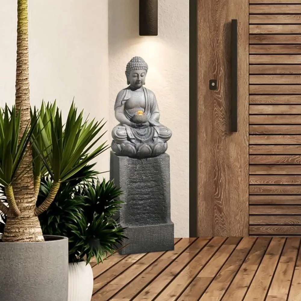 Resin Buddha Statue with LED Lights, Meditation Buddha Statue, Courtyard Fountain, Zen Inspired Decoration, Gray, 35