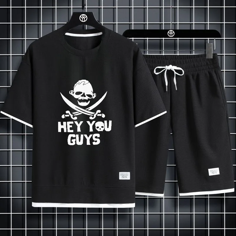 

2025 summer Fashion Waffle Killer Skeleton Print Mens Thin Leisure Set Comfortable Outfit Perfect for Hot Weather sets tracksuit