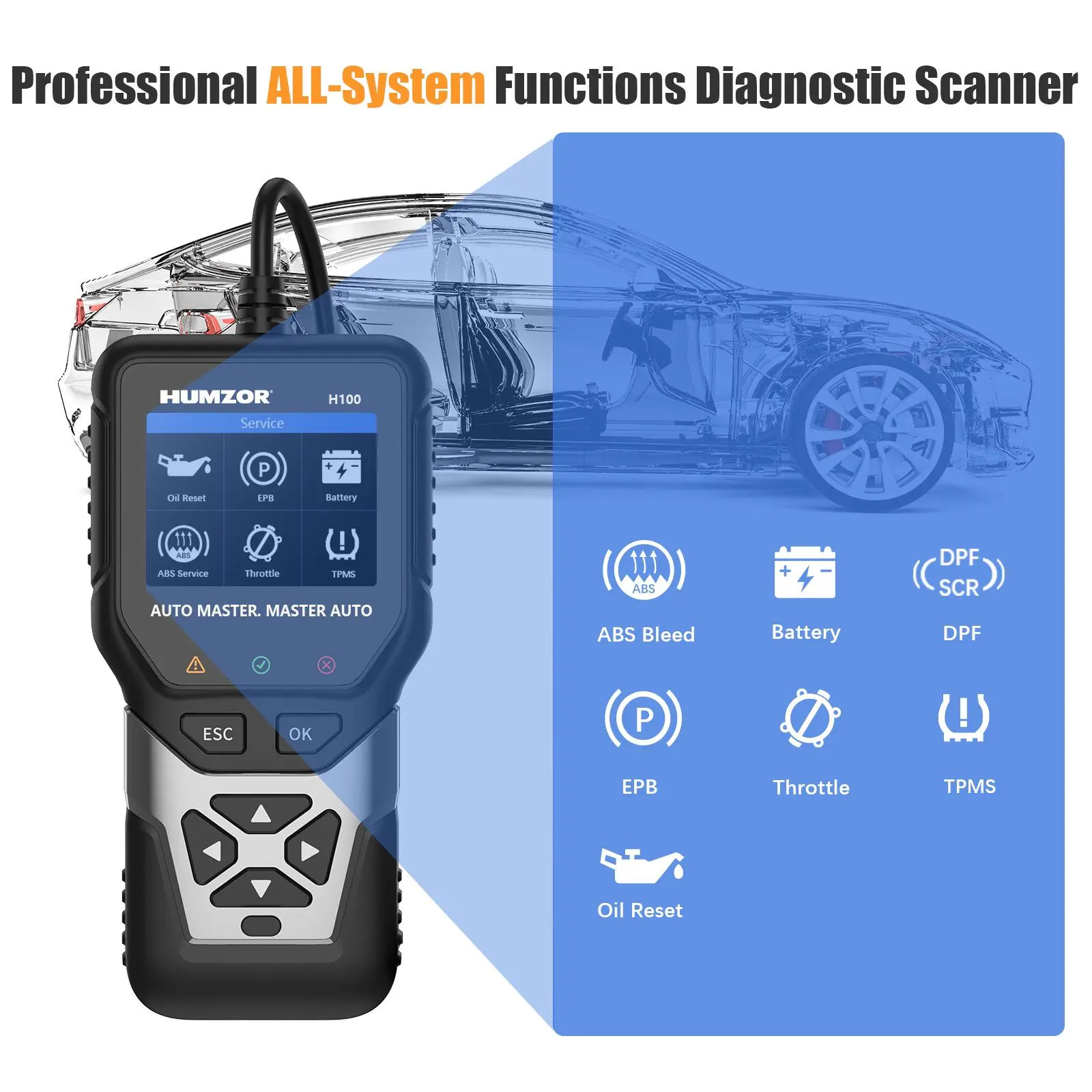 Car Diagnostics Tool For HUMZOR H100 EPB ResetOil Reset TPMS DPF For All BMW Vehicles Multi-language OBD Professional Scanner