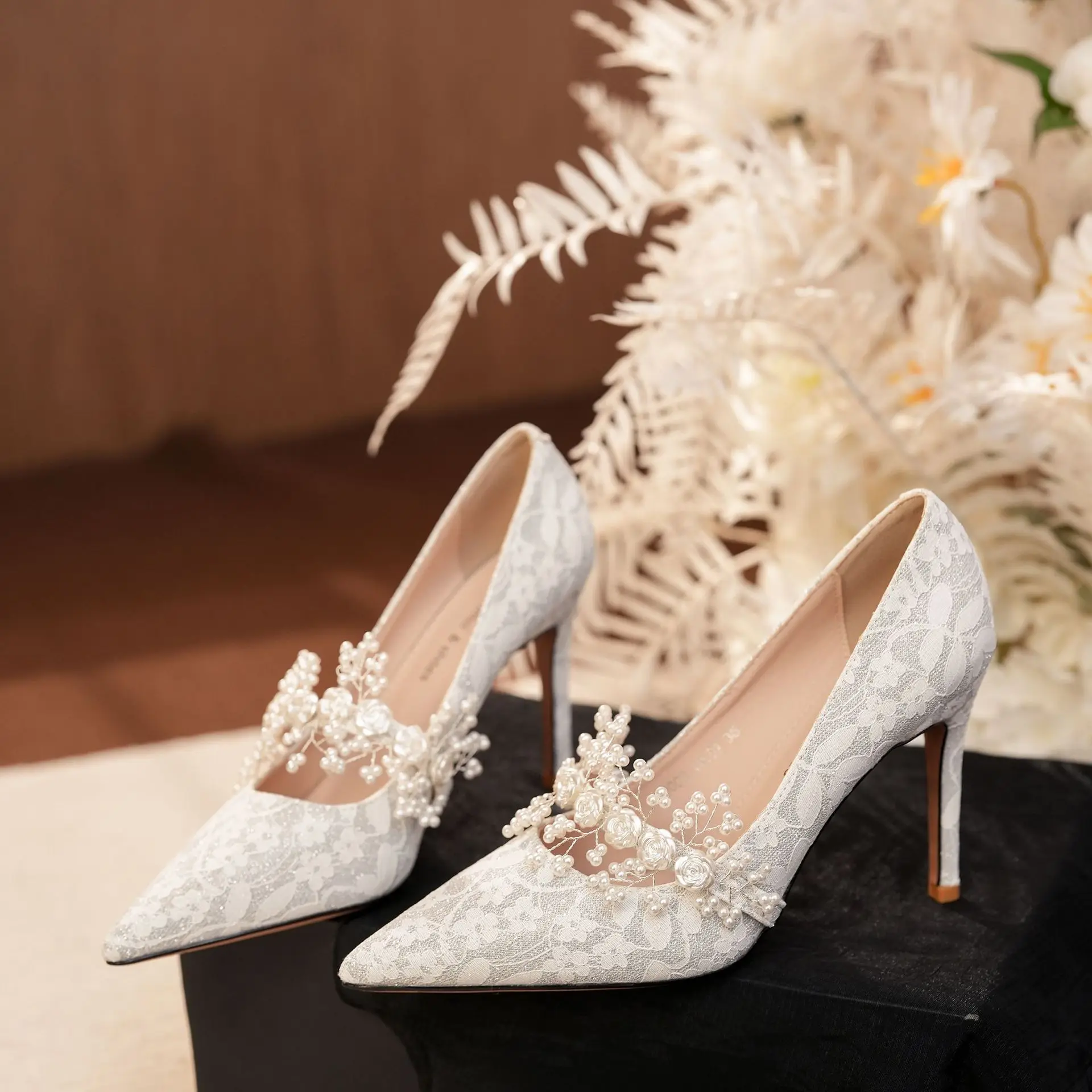 Xibeilove 2024 Fashionable Autumn Women's Pumps Shallow Silk Satin Lace Flower High Heels Wedding Banquet Dress Shoes