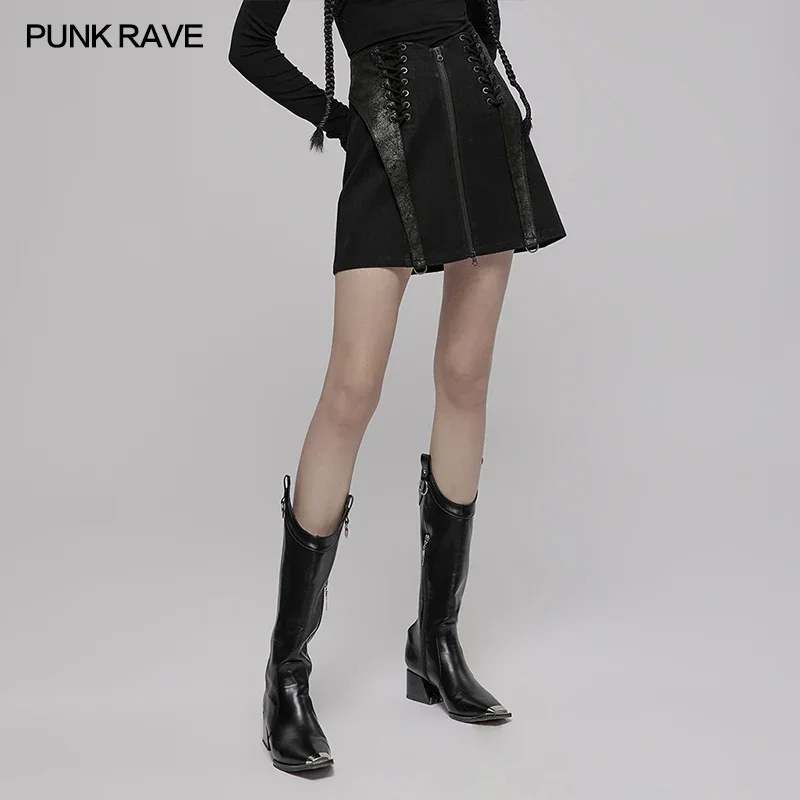 

PUNK RAVE Women's Punk Style Bandage High Waist Zipper Twill Denim A Line Skirt Daily Black Women Mini Patchwork Skirts