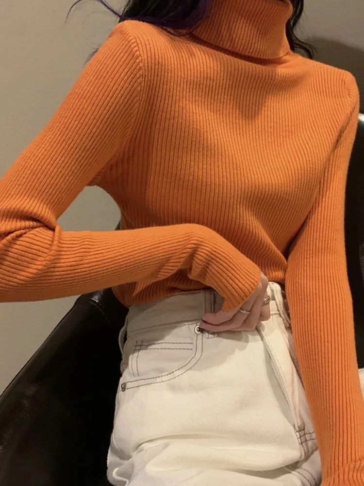 

Тонкий свитер с высоким воротником, новинка для женщин на осень и зиму, трикотажные топы с длинным рукавом, однотонный пуловер, трикотажные женские рубашки