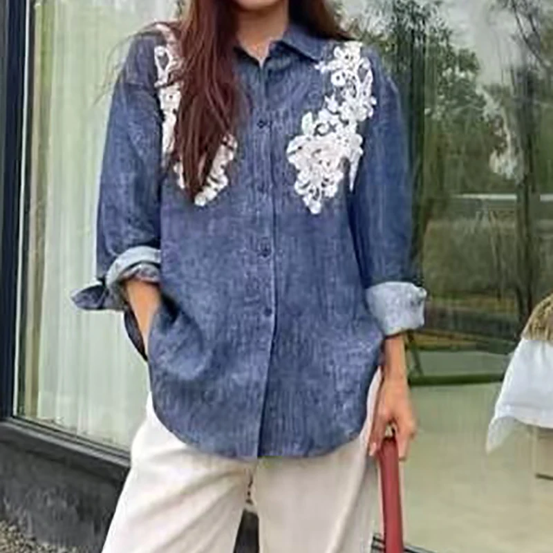 Chemise en lin et dentelle brodée pour femmes, hauts de veste ample décontractés à la mode, chemisier 100% lin de haute qualité, 2025, printemps, nouveau