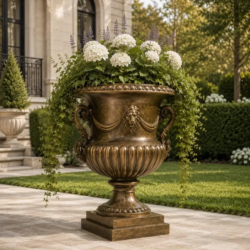 for Cast Bronze Lion Head Garden Urn Planter High-temperature Plated Classical Flower Vase Outdoor Indoor Decor Villa Manor