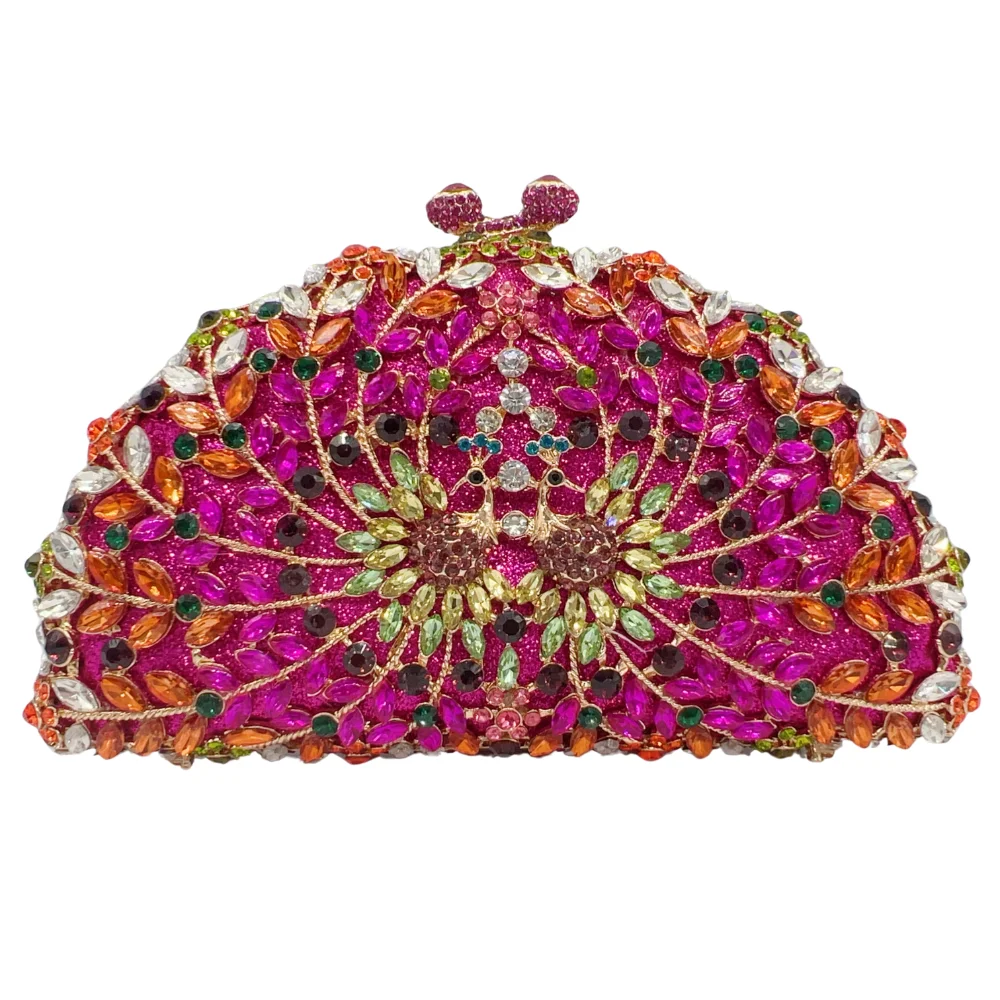 

Peacock Fan Evening Clutch, Iridescent Feather Party Bag with Crystal Embroidery. OEM Custom Luxury Purse, Low MOQ Wholesale fro