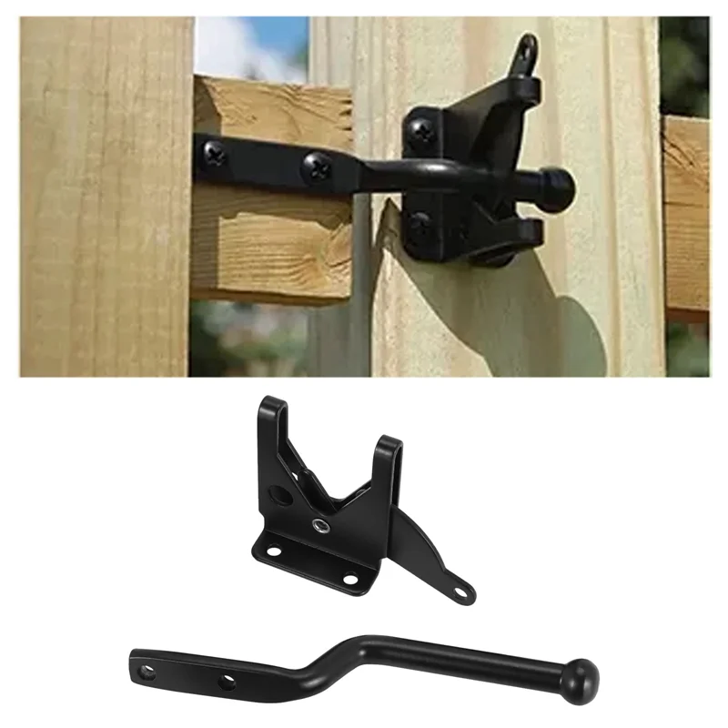 A25P 2Pcs Self Locking Gate Latch Automatic Heavy Force Lever Fence Gate Lock For Wood Fence Gate Door Latches Steel Black