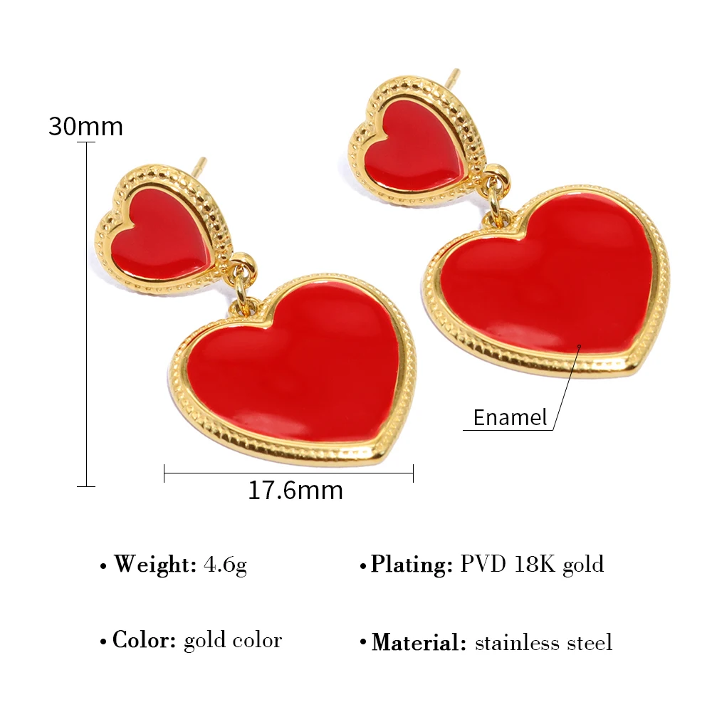 WILD & FREE Kolczyki w kształcie serca ze stali nierdzewnej z czerwoną emalią dla kobiet Modna, słodka, urocza, wysokiej jakości biżuteria wodoodporna