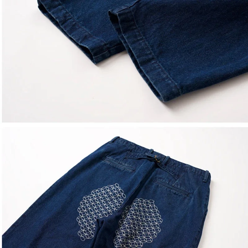 Japanese Retro Ethnic Style Craftsmanship Embroidery Pattern Washed Thick Denim Jeans Men's Loose Wide Leg Chrysanthemum Pants