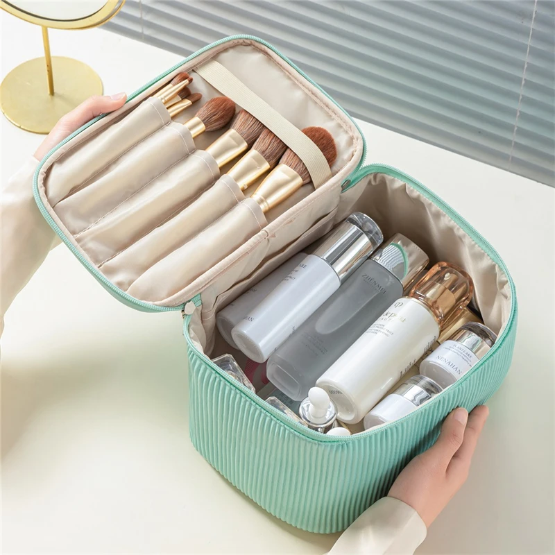 Bolsa de cosméticos impermeable de PU para mujer, estuche de maquillaje de viaje de gran capacidad, bolsa de baño de doble capa, Kit de aseo