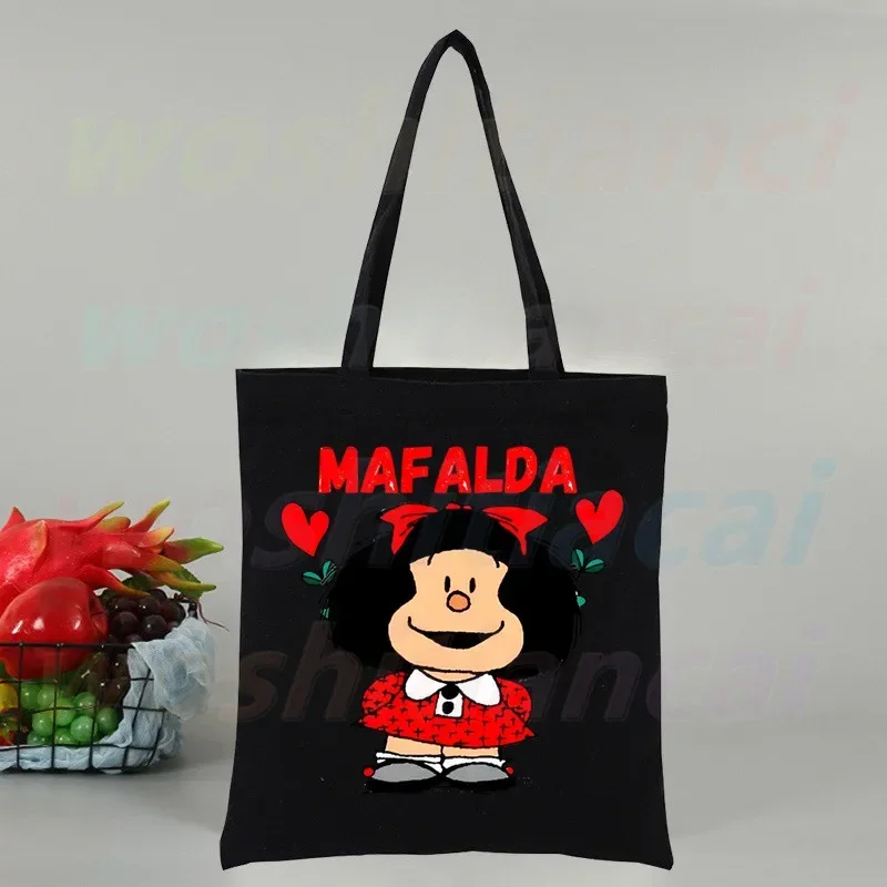 Mafalda-Sac à main en toile réutilisable pour femme, fourre-tout, shopping, voyage, bande dessinée, bande dessinée, noir