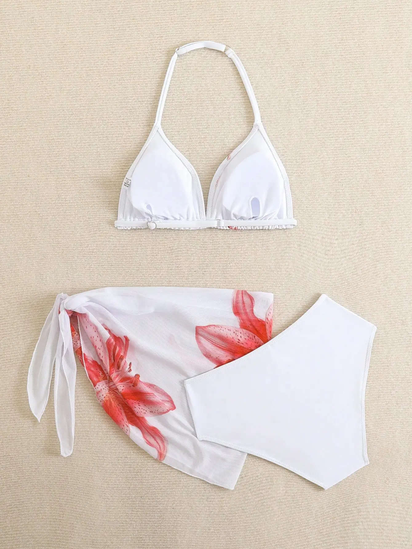 

White Floral Triangle Bikini Set With Sarong Beach Vacation Swimwear
