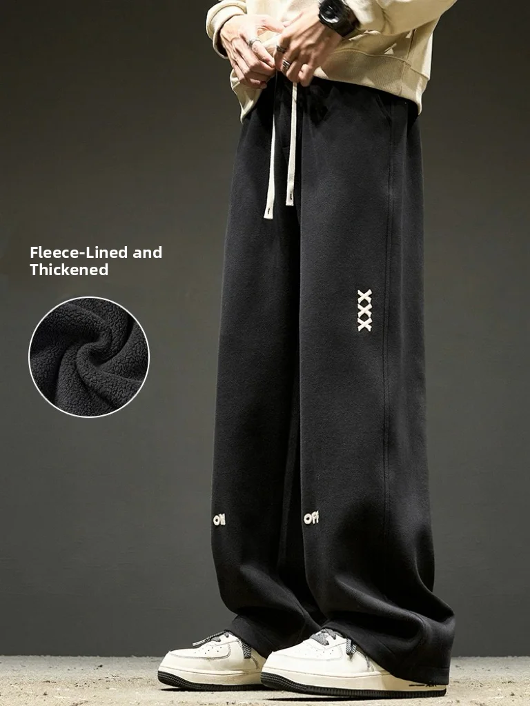 Men's Casual Thickened Fleece Lined Loose Straight Leg Sport Pants Warm Autumn Winter Long Trousers Sweatpants Polyester Fiber