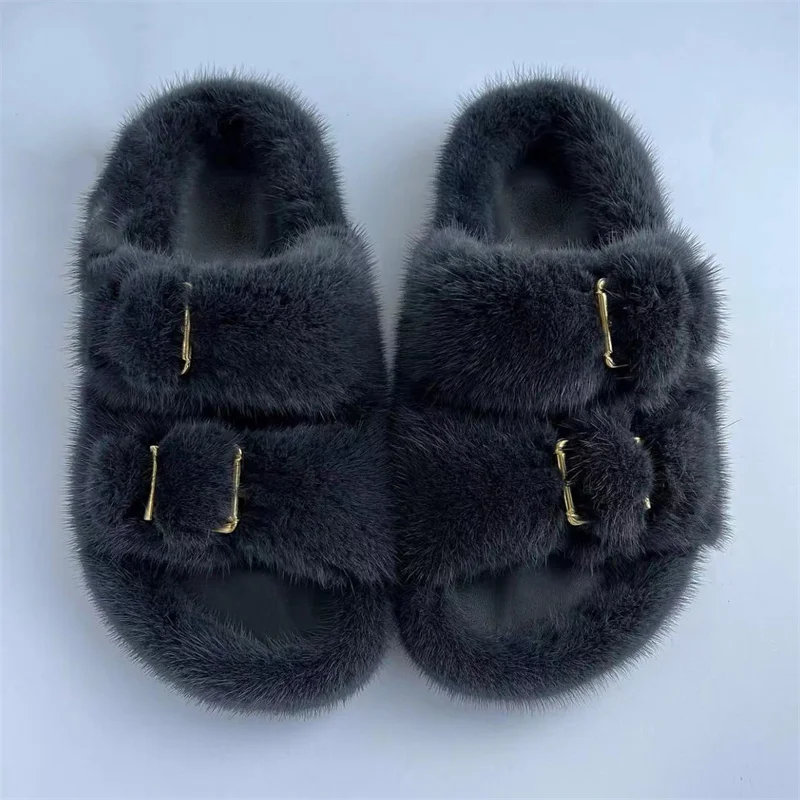 Summer Slippers Women Flat Luxury Outdoor Real Fur Flip Flops Female Sandals Trend Brand Design Slides Shoes Woman\'s Mink Shoes