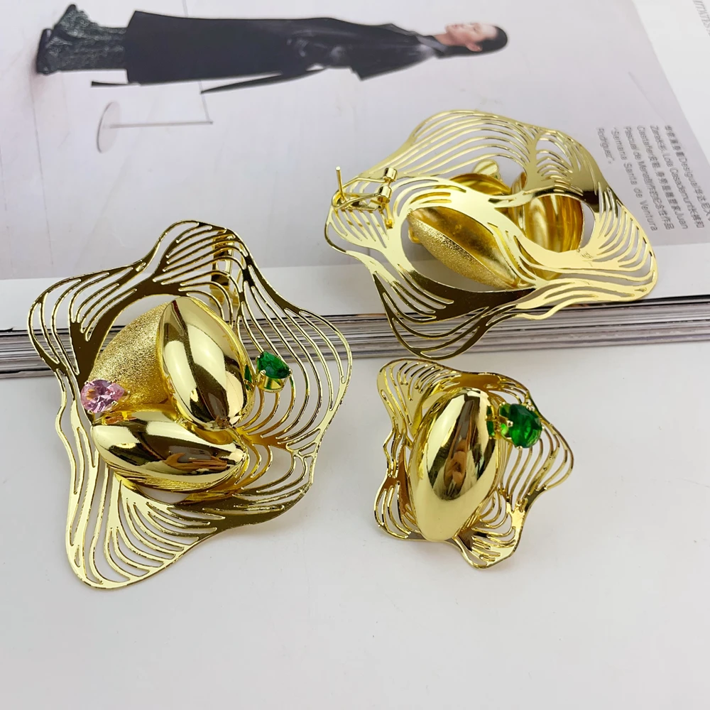 مجموعة مجوهرات برازيلية مطلية بالذهب من إيما للنساء، قلادة على شكل زهرة جريئة أفريقية، أقراط، سوار، خاتم، هدايا مجوهرات الزفاف