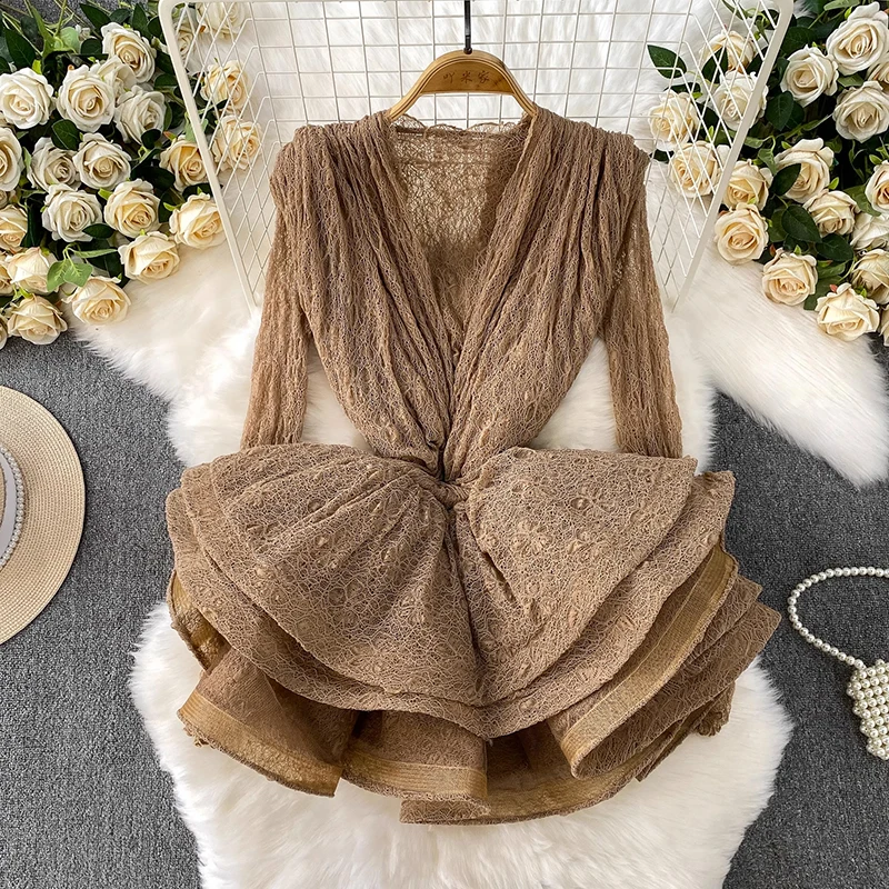 

Модное сексуальное кружевное короткое платье из двух частей, топы с длинными рукавами и жилет без рукавов с v-образным вырезом, бальное платье с высокой талией, летний сарафан