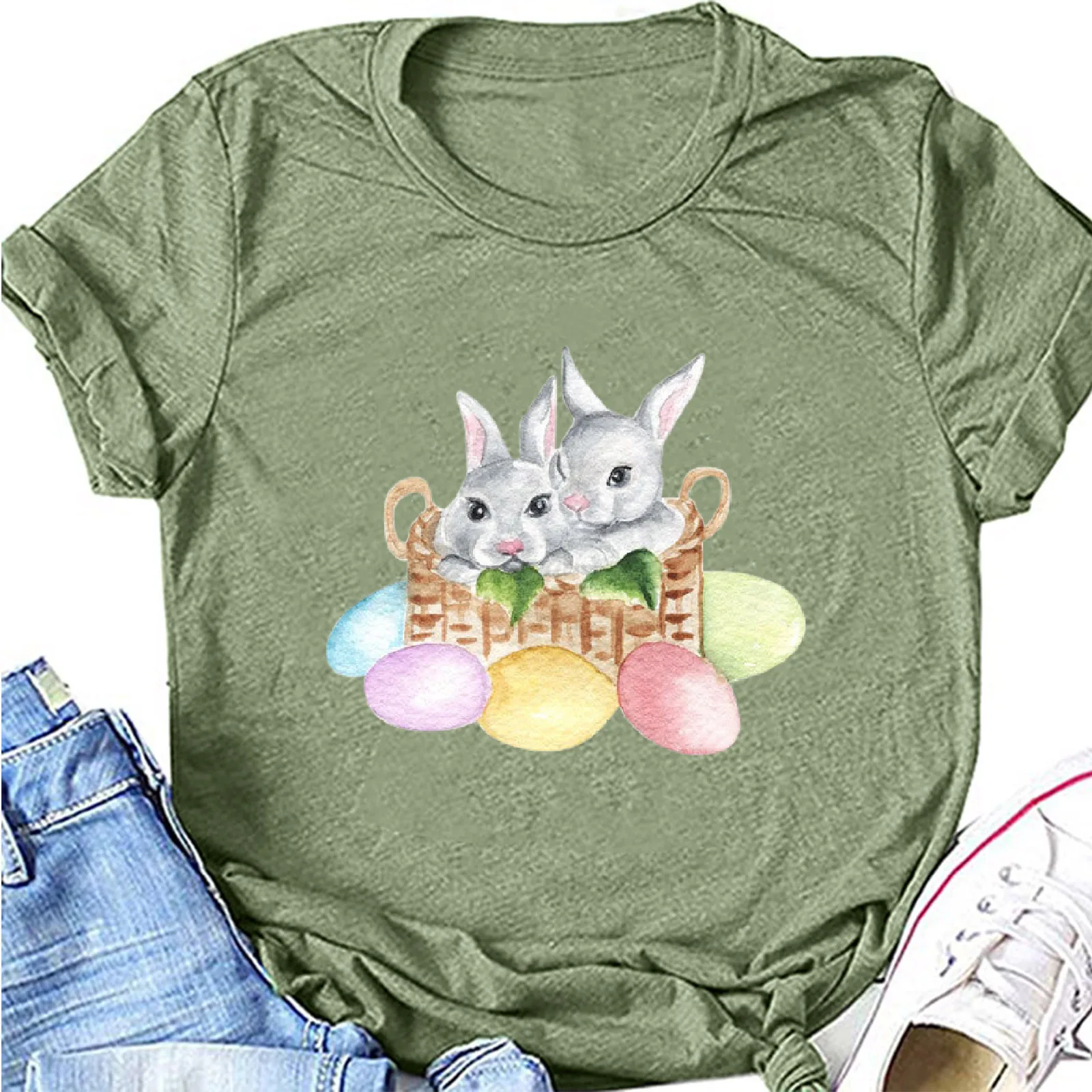 Women Easter Tee T-Shirts Crew Neck Bunny Print Short Sleeve Y2k Tees Basic Tops Adult Spring Clothing Sunday Holiday Wear