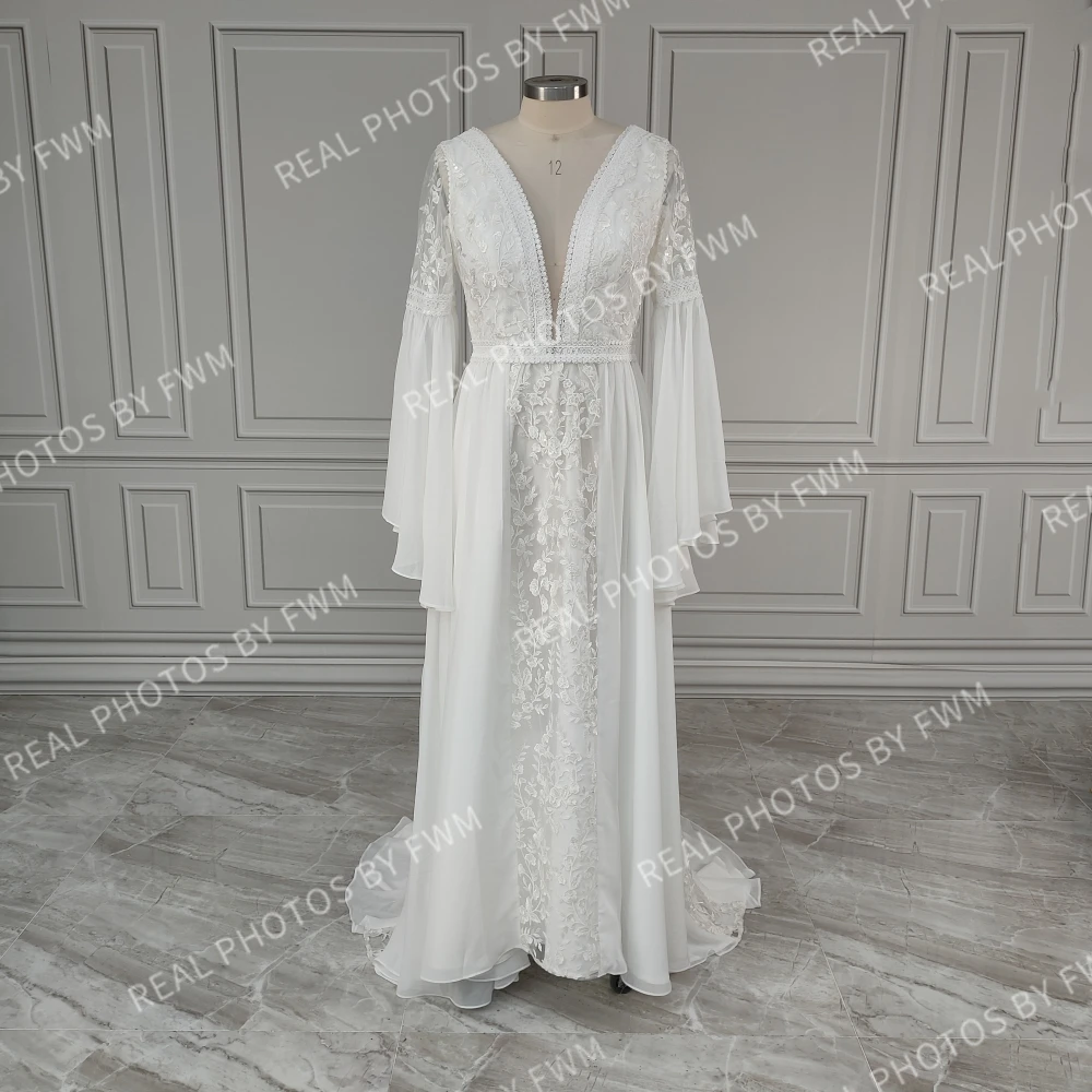 10955 #   Personalizado boho alargamento mangas com decote em v sem costas apliques rendas macio chiffon vestido de casamento vestido de noiva para mulher