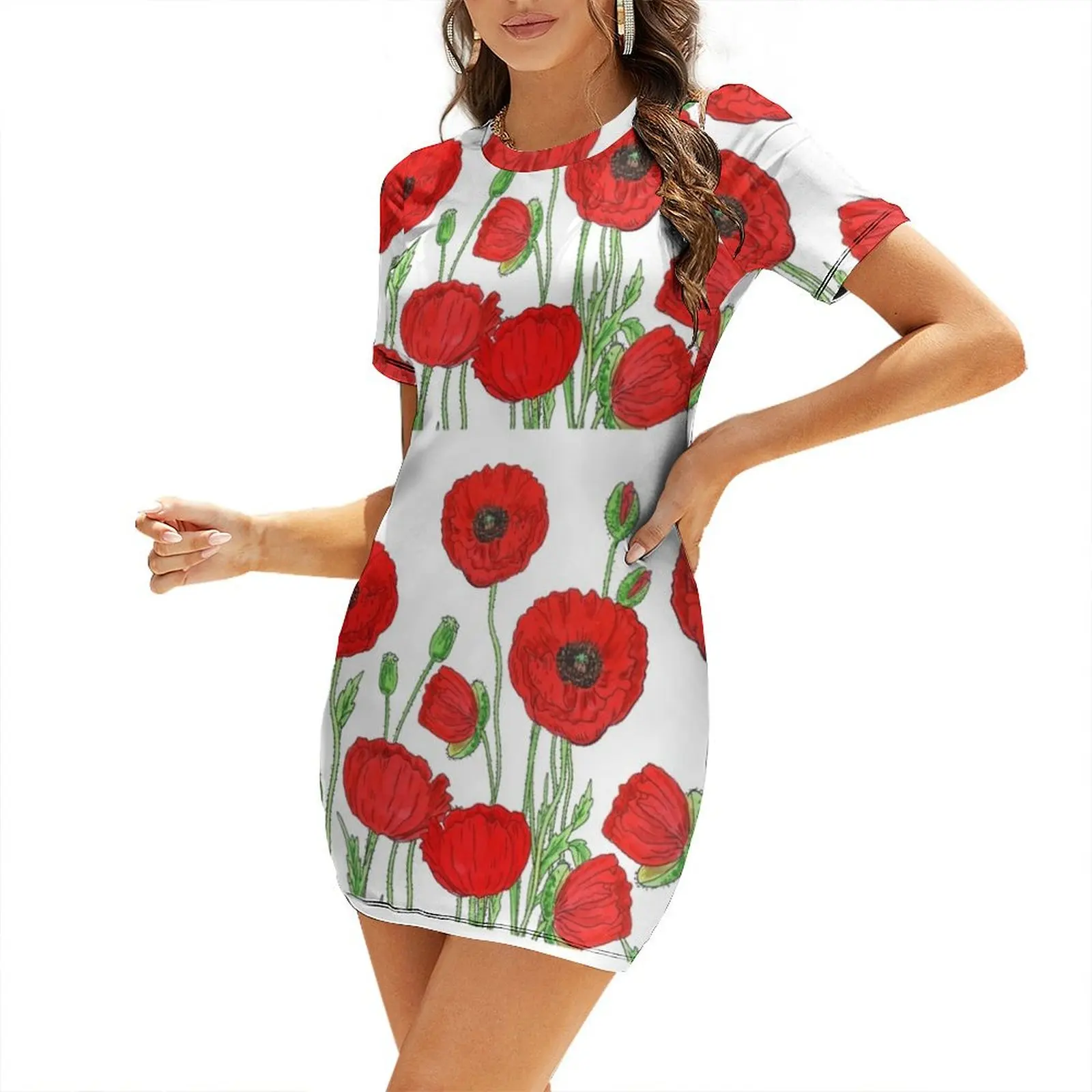 

Red Poppies Field Of Flowers Watercolor Pattern by Irina Sztukowski Short Sleeved Dress evening dress women dress for women