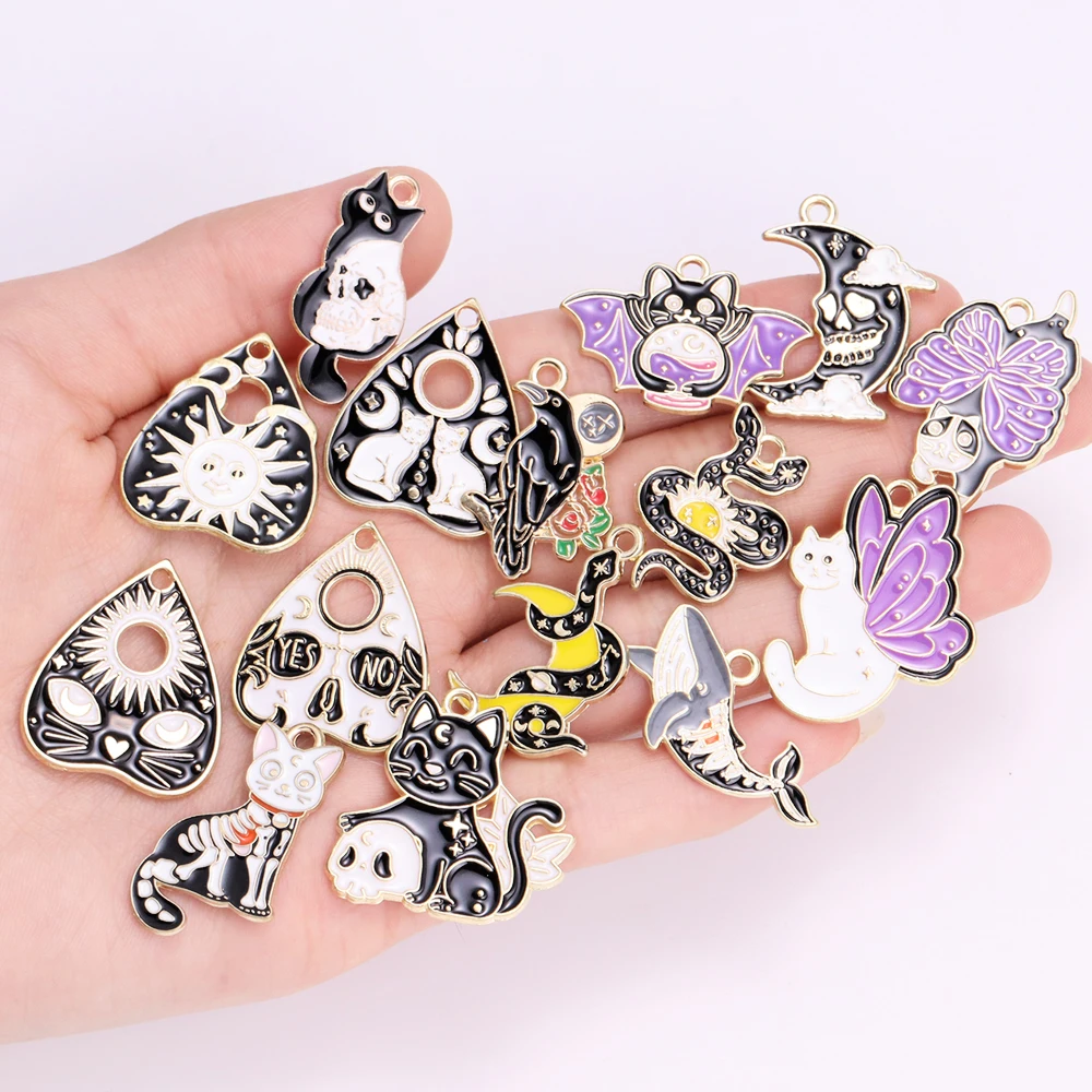 15Styles Mixed Cartoon Halloween Charm Set Enamel Cute Bat Cat Moon  Snake Pendant for Earrings Bracelet DIY Jewellery Making