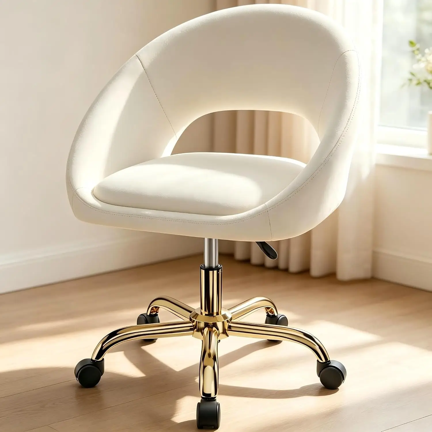 Vanity Chair with Wheels (Large), Golden Titanium-Plated Home Office Chair 300LBS, Modern Velvet Swivel Makeup Chair