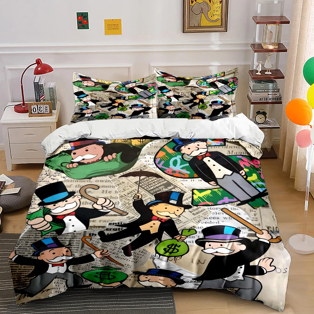 Fun Millionaire Game Dollar Cartoon Print Bedding Set 1 Duvet Cover 2 Pillowcases for Adult and Children Luxury Gift Full Size