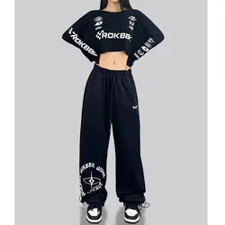 American Trendy Letter Print Wide Leg Pants Women High Waist Drawstring Summer Women's Pants New Street Style Woman Trousers