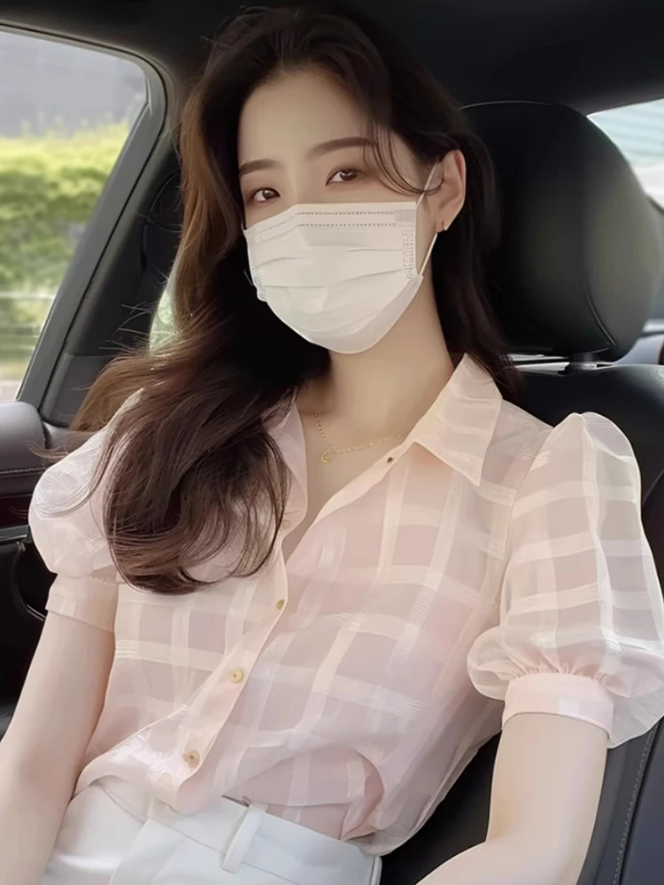 

Нежный корейский топ из шифона в клетку цвета сладкой вишни, летняя одежда в стиле допамин, красивый топ для молодых...