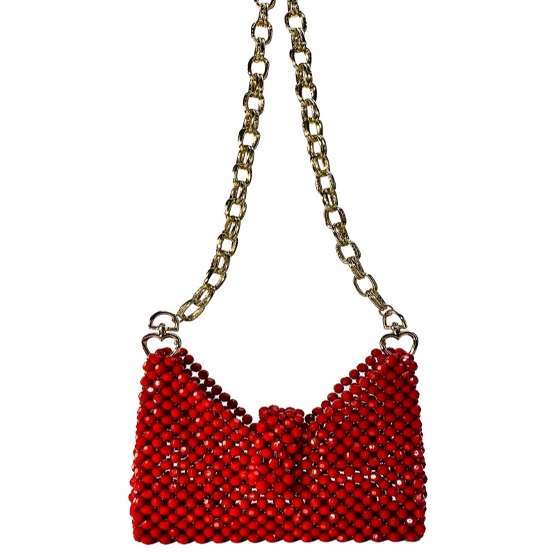 

Red Acrylic Hand-beaded Woven Bag Inner Party Women's Gold Chain Shoulder Bag Portable Woven Bag Female Fashion Purse Feminina
