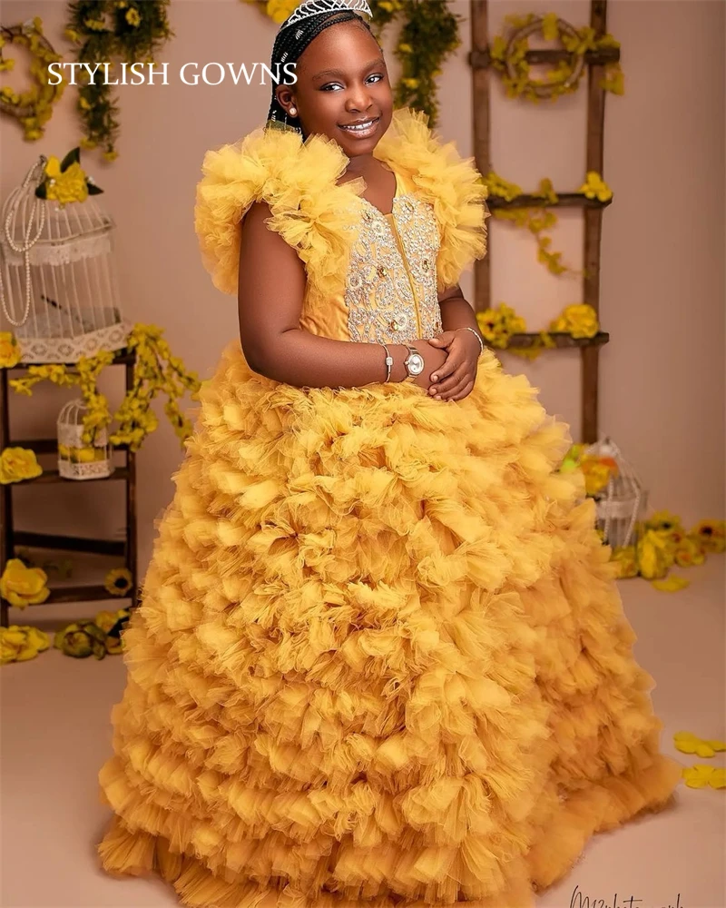 

Gold Bead Crystal Flower Girl Dresses Ruffles Beauty Pageant Gowns 2024 Birthday Luxury Dress Robe De Kids Customized