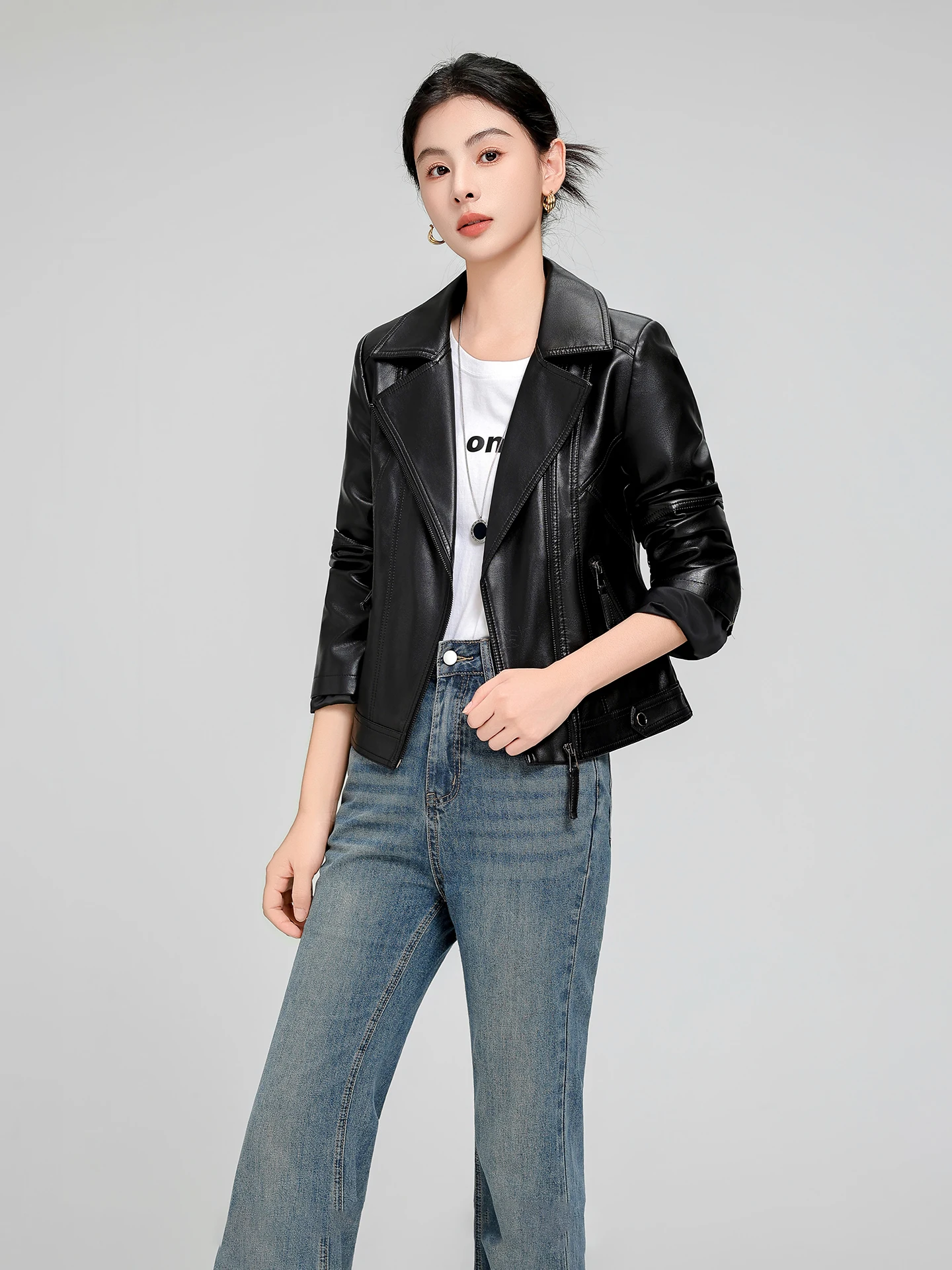 

Real Leather eepskin Jaet Women's plus Size ort Sle Spring Autumn New High Slim Fit Elely Waist-Cinching Coat