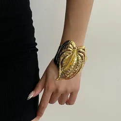 Exaggerated Irregular Textured Metal Leaf Open Bracelet Bangles for Women Exquisite Party Heavy Jewelry Fashion Accessories