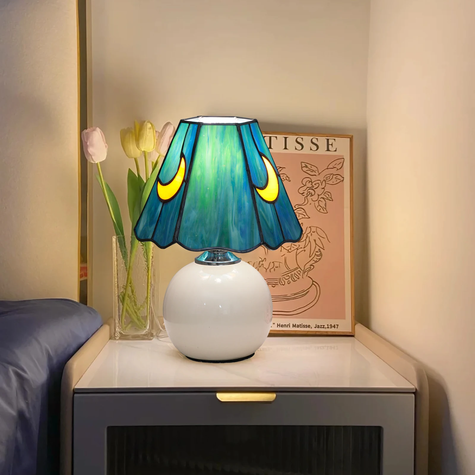 Modern minimalist mushroom table lamp with stained glass moon lampshade Ceramic base for home decoration atmosphere table lamp