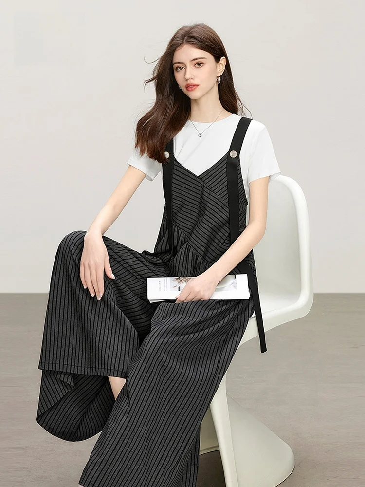 

Summer Striped One-Piece Overalls Wide Leg Casual Loose Fit Women's Design Sense Patchwork High Waist Long Pants Commute Sle