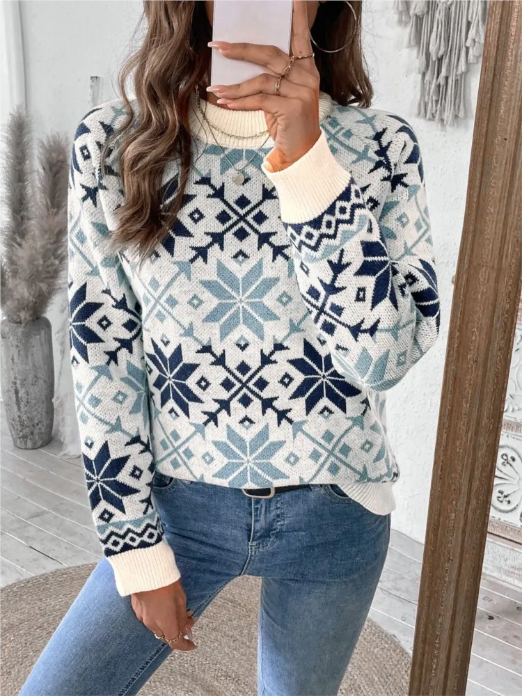 

Winter Clothes Woman Pulls Femmes Retro Long-sleeved Crew Neck Snowflake Geometric Pattern Sweater All-match Loose Simple Style