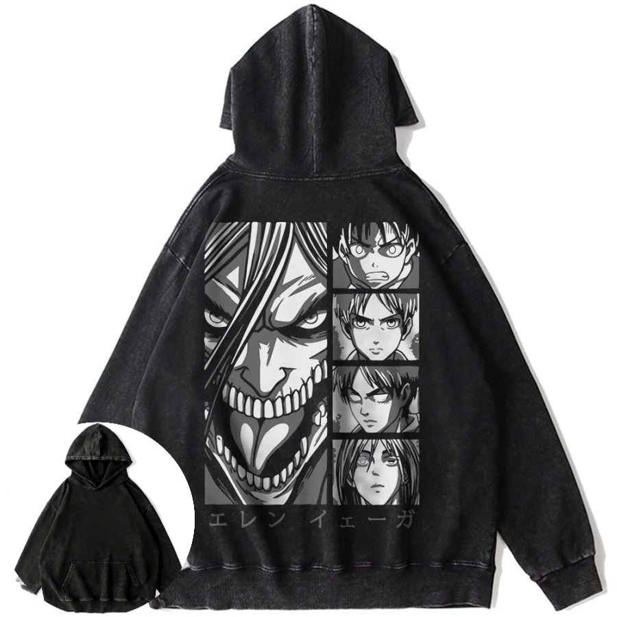 

Mens Loose Fit Vintage Washed Cotton Hoodie Attack on Titan Anime Character Expressions and Jaw Creature Graphic Hip Hop