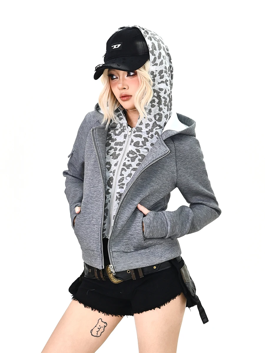 

Модный укороченный кардиган-толстовка с капюшоном и леопардовым принтом для женщин, уличный стиль, весна 2026, новинка, удобный свободный крой