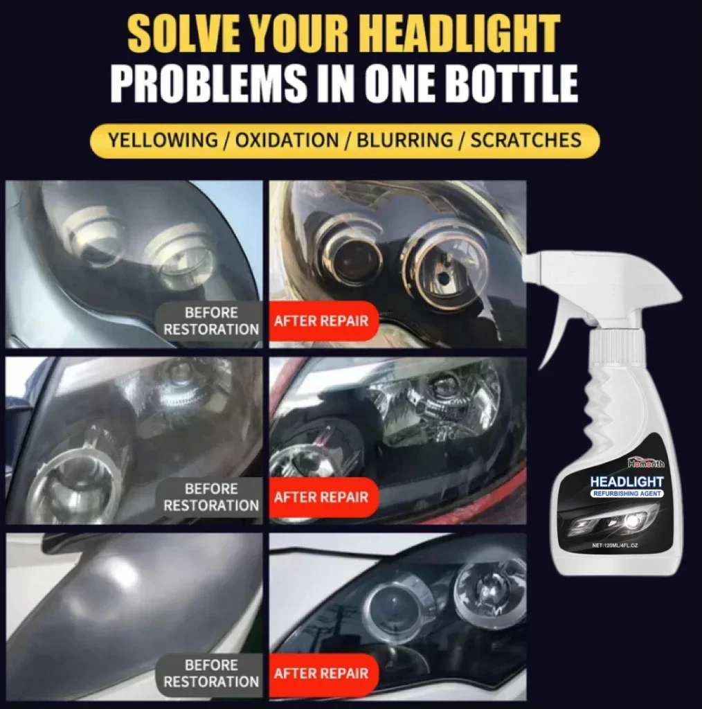 يزيل سائل إصلاح المصابيح الأمامية للسيارة باللون الأصفر والخدوش بسرعة ويعيد اللمعان الواضح ويحسن سلامة القيادة الليلية