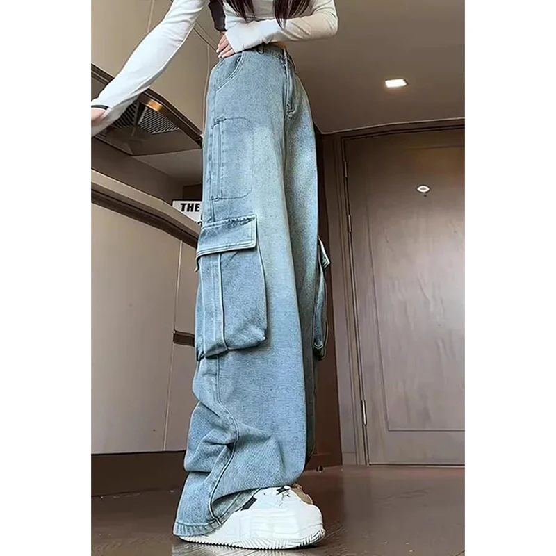 Calça cargo jeans lavada feminina, bolsos grandes, cintura alta, azul, americana, vintage, hiphop, solta, jazz, dança