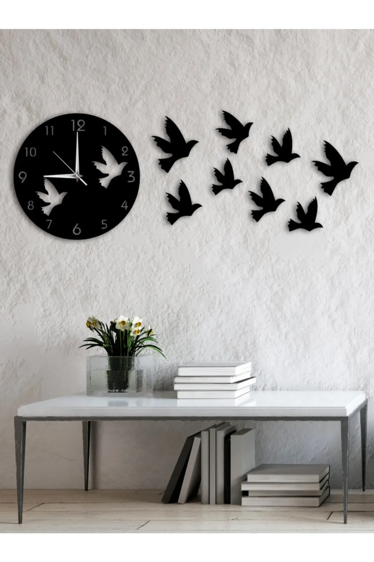 

Bird Design Black Wood Decorative Wall Clock 105*40 Cm Works Quietly For Home Office Quality Luxury Made In Turkey Fast Shipping