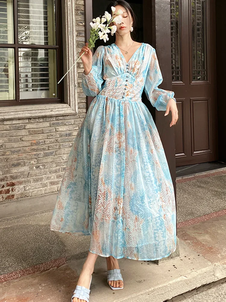 GypsyLady French Elegant Floral Maxi Dress Chiffon V-neck Blue Long Lantern Sleeve Women Boho Casual Holiday Ladies Dresses New